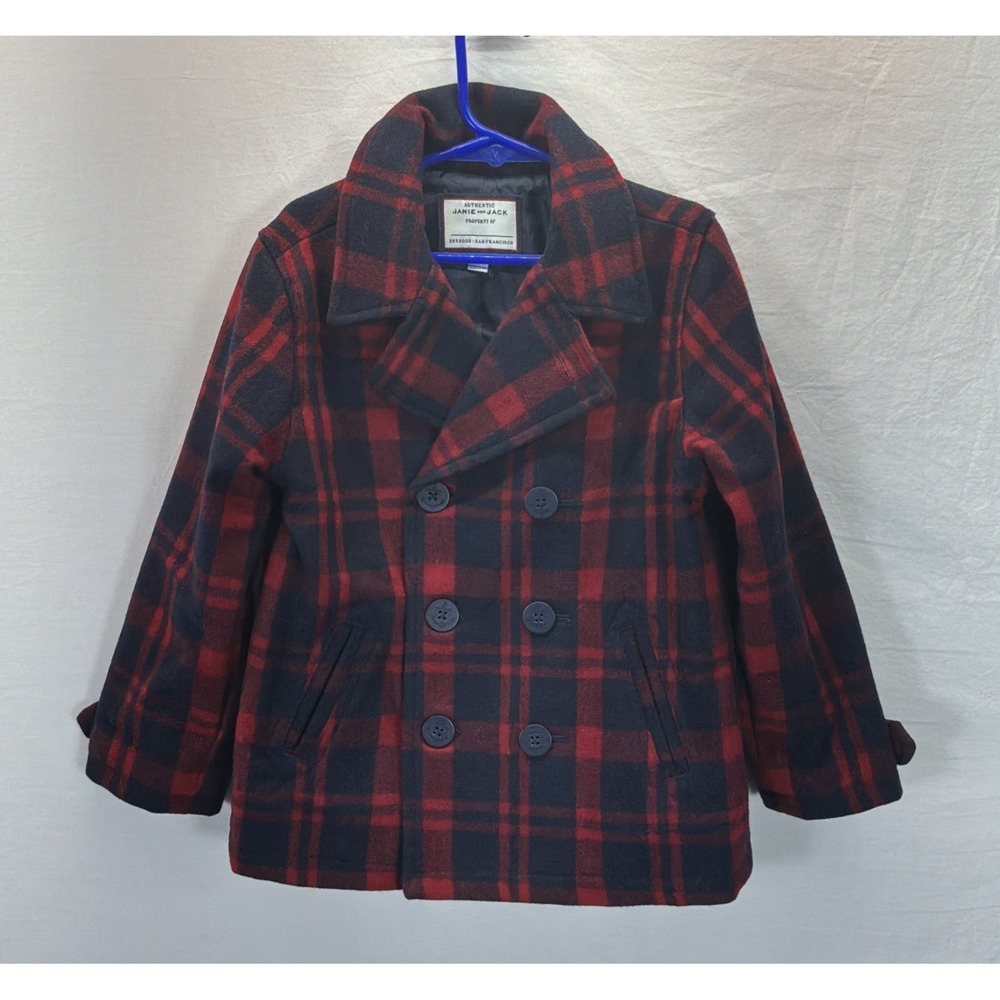 Janie and Jack Wool Blnd Red Plaid Peacoat Holiday Christmas Fall Sz 5/6 Yr Cute